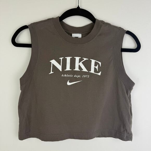 Nike Womens Crewneck 100% Cotton Logo Athletic Cropped Stone Grey Tank Top Small - Picture 1 of 9